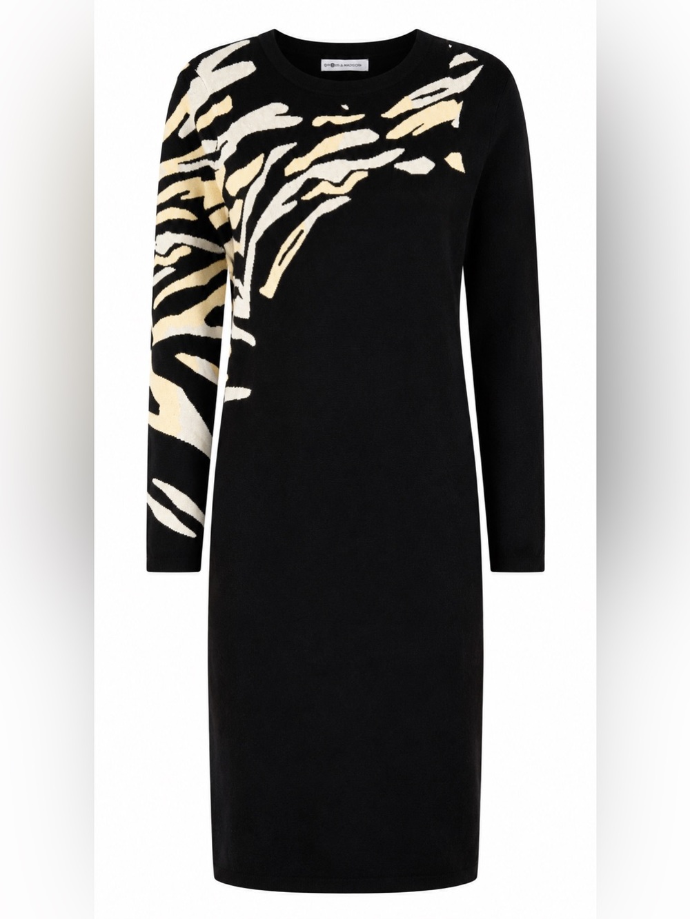 Black Patterned Sweater Dress with Cream Accents